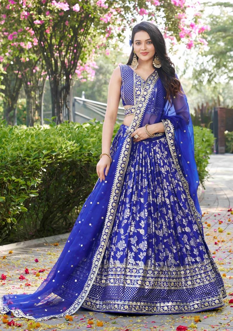 Royal Blue Sequins And Thread Embroidery Work Dola Jacquard Lehenga Choli - Indya