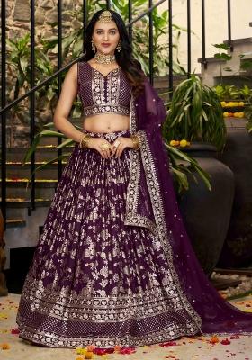 Wine Sequins And Thread Embroidery Work Dola Jacquard Lehenga Choli