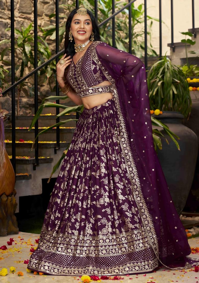 Wine Sequins And Thread Embroidery Work Dola Jacquard Lehenga Choli - Indya