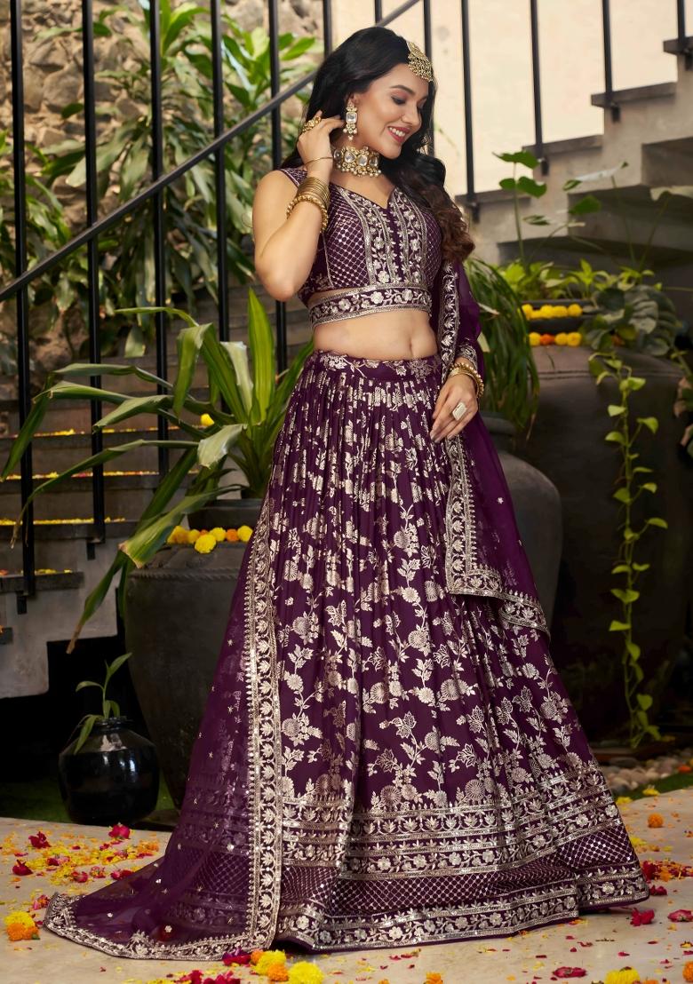 Wine Sequins And Thread Embroidery Work Dola Jacquard Lehenga Choli - Indya
