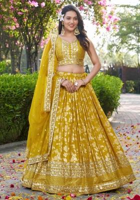 Yellow Sequins And Thread Embroidery Work Dola Jacquard Lehenga Choli