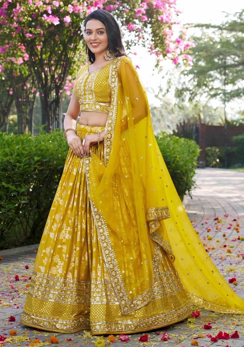 Yellow Sequins And Thread Embroidery Work Dola Jacquard Lehenga Choli - Indya