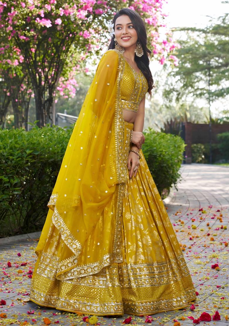 Yellow Sequins And Thread Embroidery Work Dola Jacquard Lehenga Choli - Indya