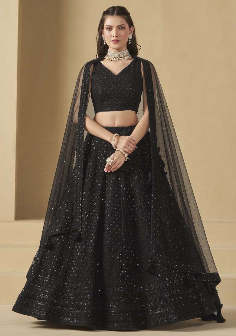 Black And Choli Georgette Lehenga with Embroidery & Sequins for Diwali | Wedding & Festive Wear - Indya