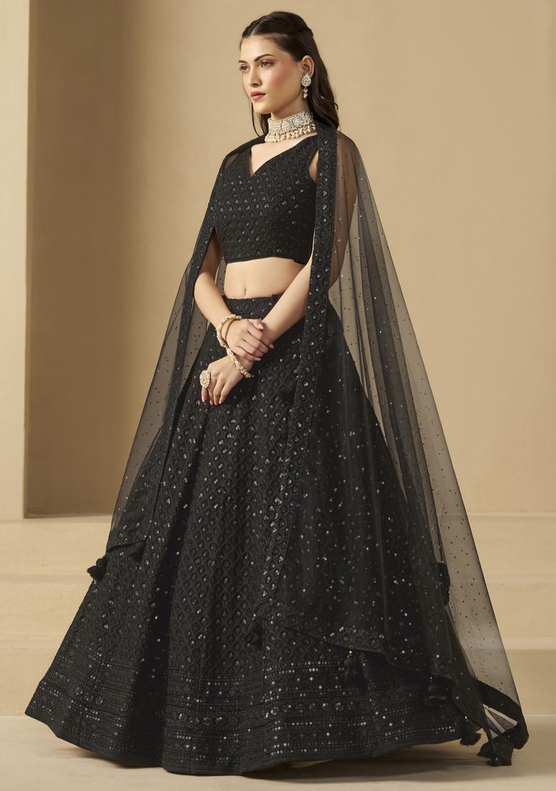 Black Sequins And Thread Embroidery Work Georgette Lehenga Choli - Indya