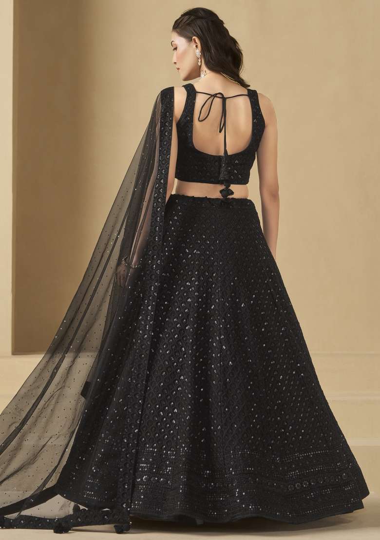 Black And Choli Georgette Lehenga with Embroidery & Sequins for Diwali | Wedding & Festive Wear - Indya