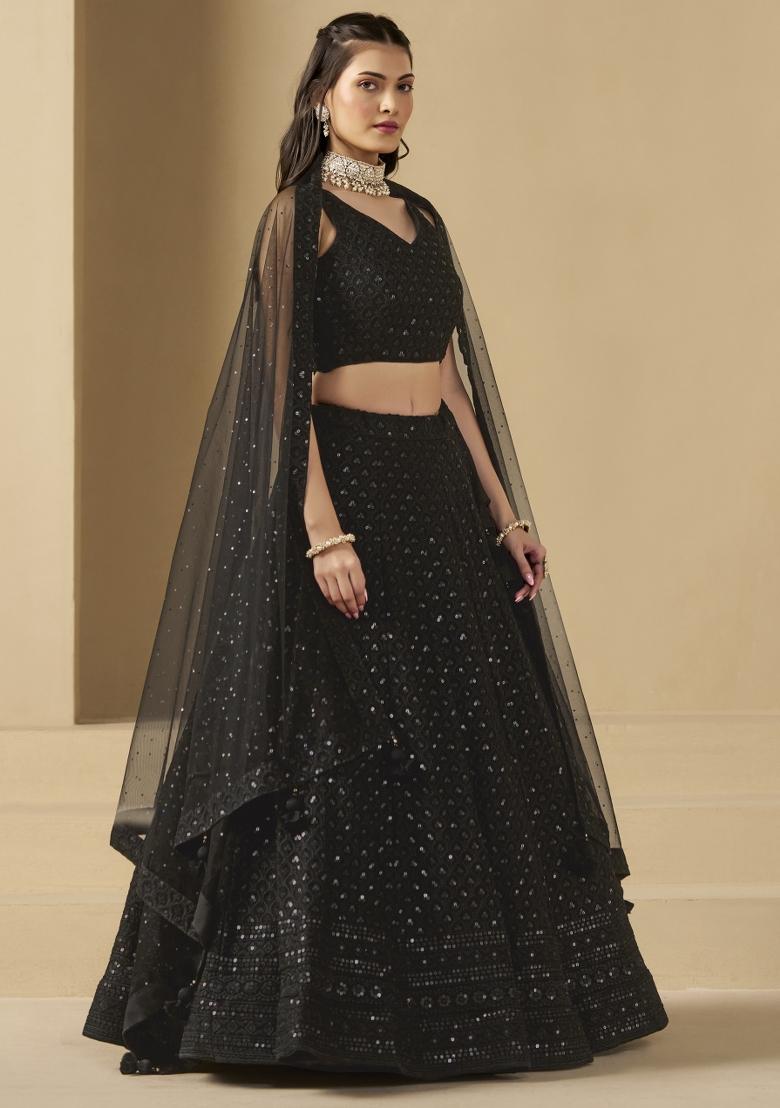 Black Sequins And Thread Embroidery Work Georgette Lehenga Choli - Indya