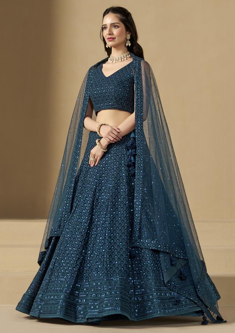 Blue Sequins And Thread Embroidery Work Georgette Lehenga Choli - Indya