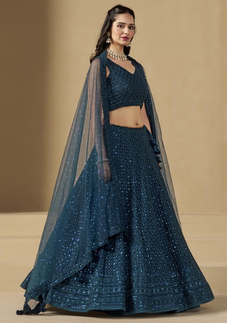 Blue Sequins And Thread Embroidery Work Georgette Lehenga Choli - Indya