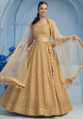 Beige Sequins And Thread Embroidery Work Georgette Lehenga Choli