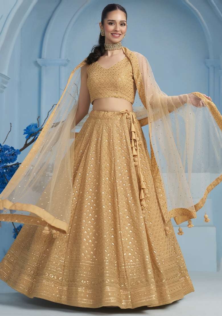 Beige Sequins And Thread Embroidery Work Georgette Lehenga Choli for Diwali and Festive Wear - Indya