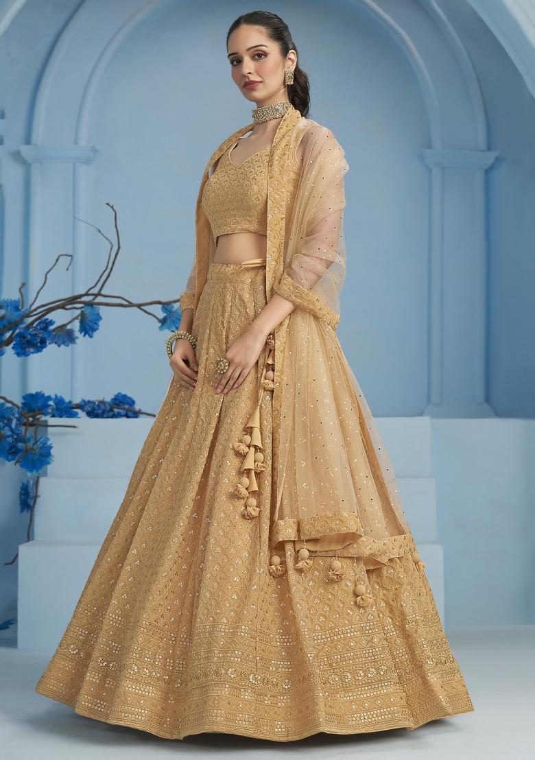 Beige Sequins And Thread Embroidery Work Georgette Lehenga Choli - Indya