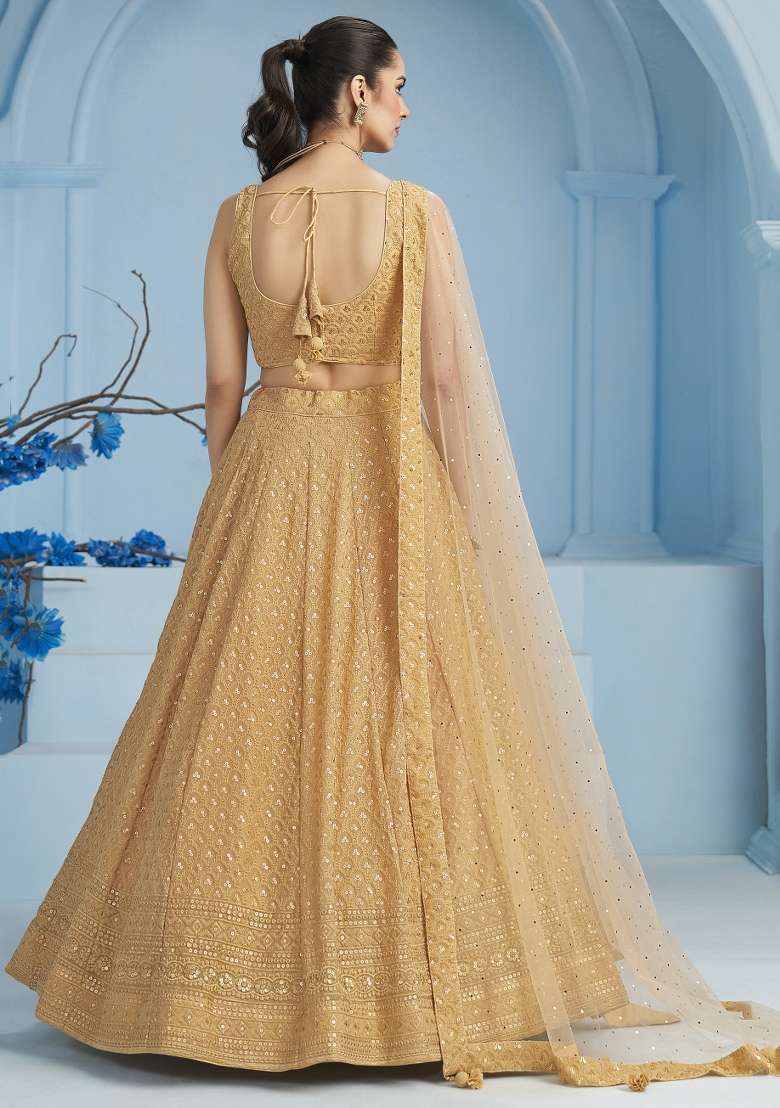 Beige Sequins And Thread Embroidery Work Georgette Lehenga Choli for Diwali and Festive Wear - Indya