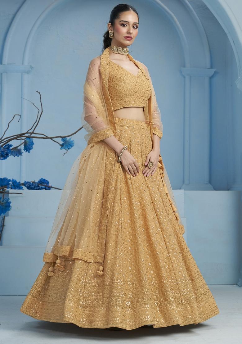 Beige Sequins And Thread Embroidery Work Georgette Lehenga Choli - Indya