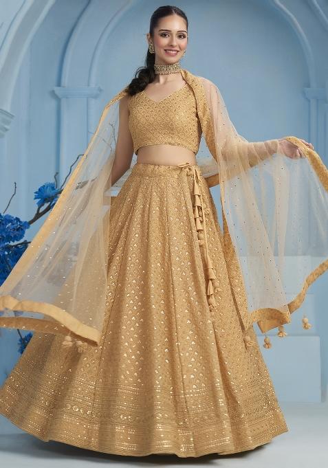 Beige Sequins And Thread Embroidery Work Georgette Lehenga Choli