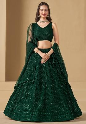 Green Sequins And Thread Embroidery Work Georgette Lehenga Choli