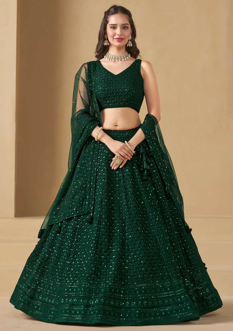 Green Sequins And Thread Embroidery Work Georgette Lehenga Choli for Diwali and Festive Wear - Indya
