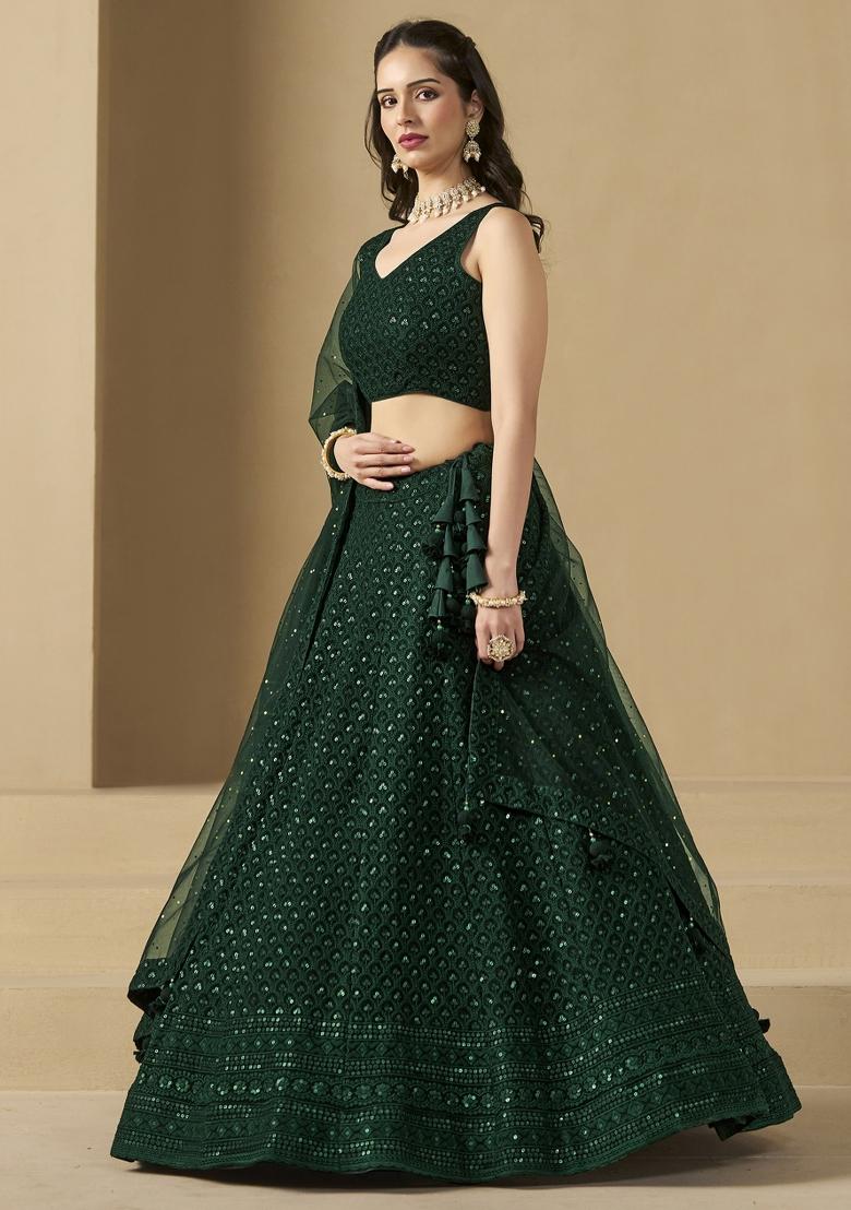 Green Sequins And Thread Embroidery Work Georgette Lehenga Choli - Indya