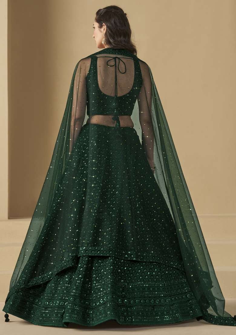 Green Sequins And Thread Embroidery Work Georgette Lehenga Choli for Diwali and Festive Wear - Indya