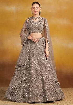 Grey Sequins And Thread Embroidery Work Georgette Lehenga Choli