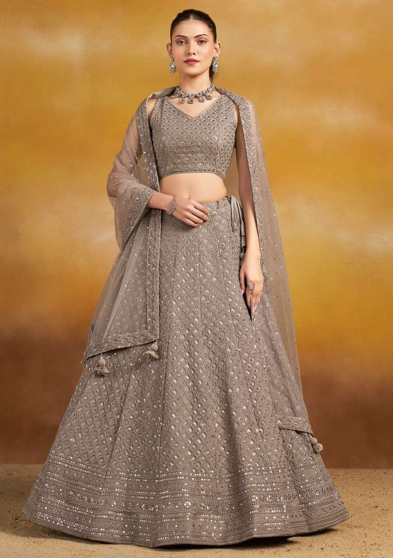 Grey Sequins And Thread Embroidery Work Georgette Lehenga Choli for Diwali and Festive Wear - Indya