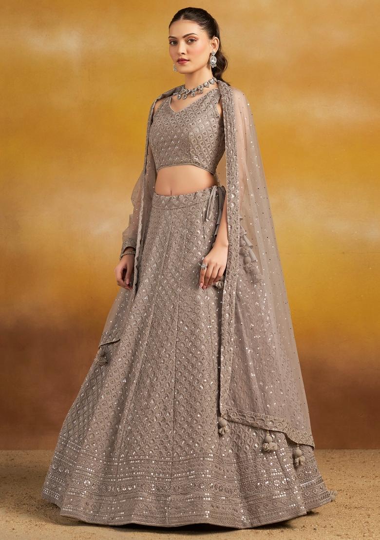 Grey Sequins And Thread Embroidery Work Georgette Lehenga Choli - Indya