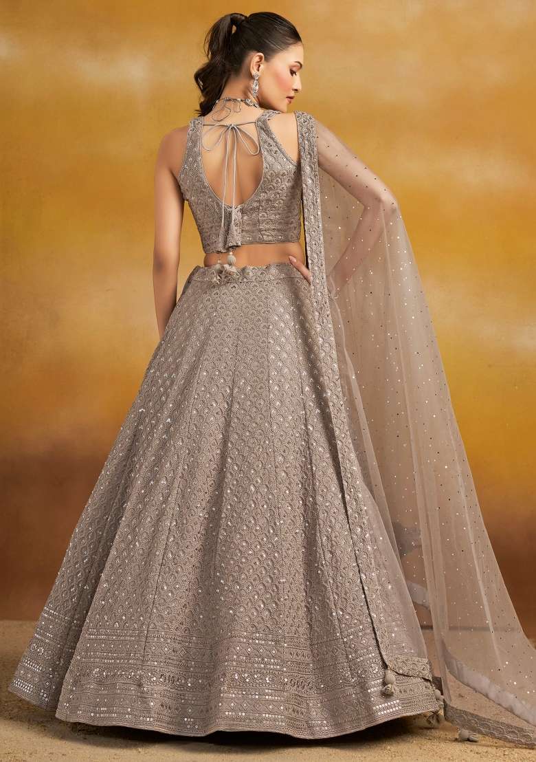 Grey Sequins And Thread Embroidery Work Georgette Lehenga Choli for Diwali and Festive Wear - Indya