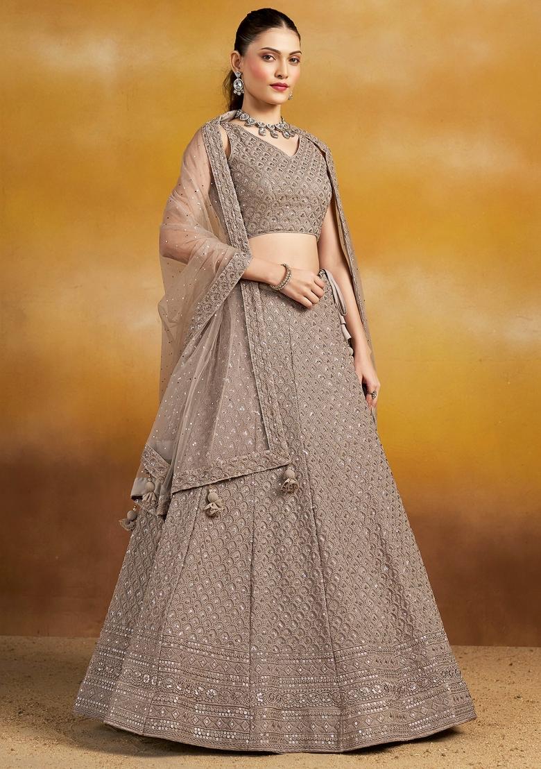 Grey Sequins And Thread Embroidery Work Georgette Lehenga Choli - Indya