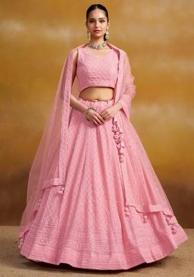 Light Pink Sequins And Thread Embroidery Work Georgette Lehenga Choli