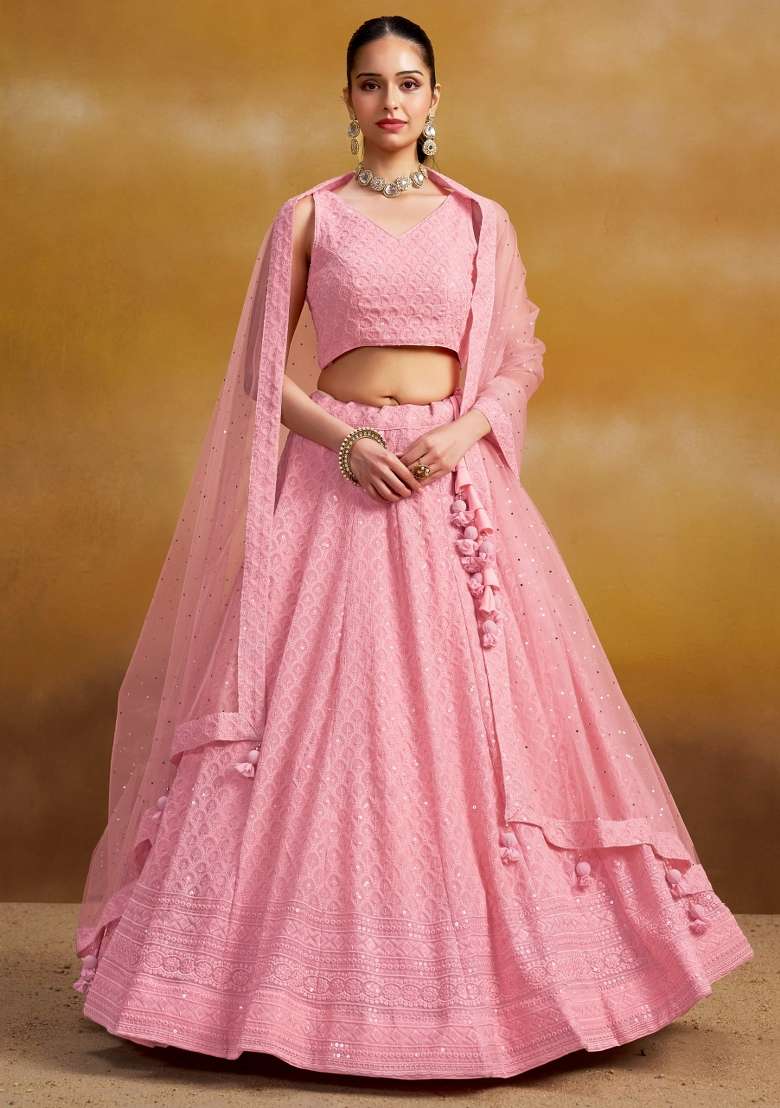 Light Pink Sequins And Thread Embroidery Work Georgette Lehenga Choli for Diwali and Festive Wear - Indya