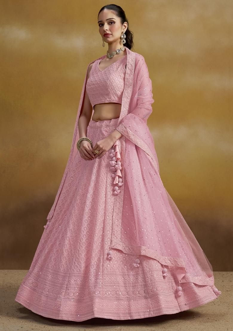 Light Pink Sequins And Thread Embroidery Work Georgette Lehenga Choli - Indya