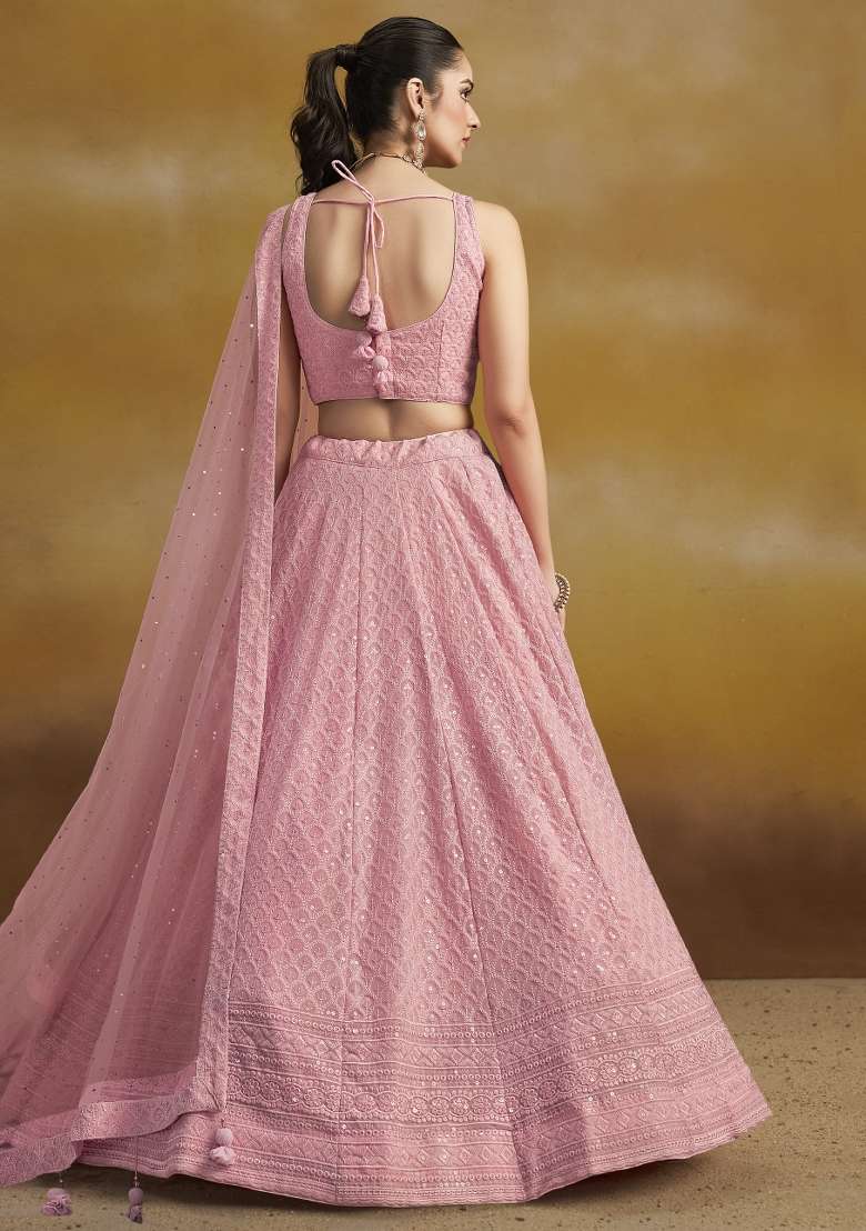 Light Pink Sequins And Thread Embroidery Work Georgette Lehenga Choli for Diwali and Festive Wear - Indya