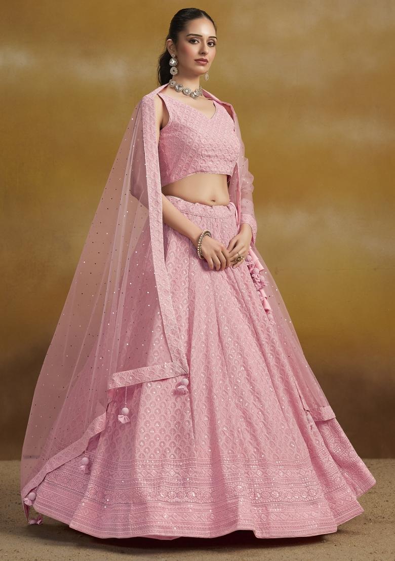 Light Pink Sequins And Thread Embroidery Work Georgette Lehenga Choli - Indya