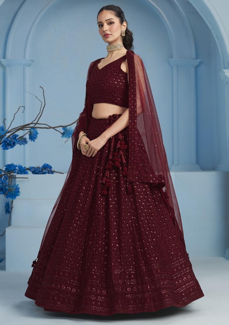 Maroon Sequins And Thread Embroidery Work Georgette Lehenga Choli - Indya