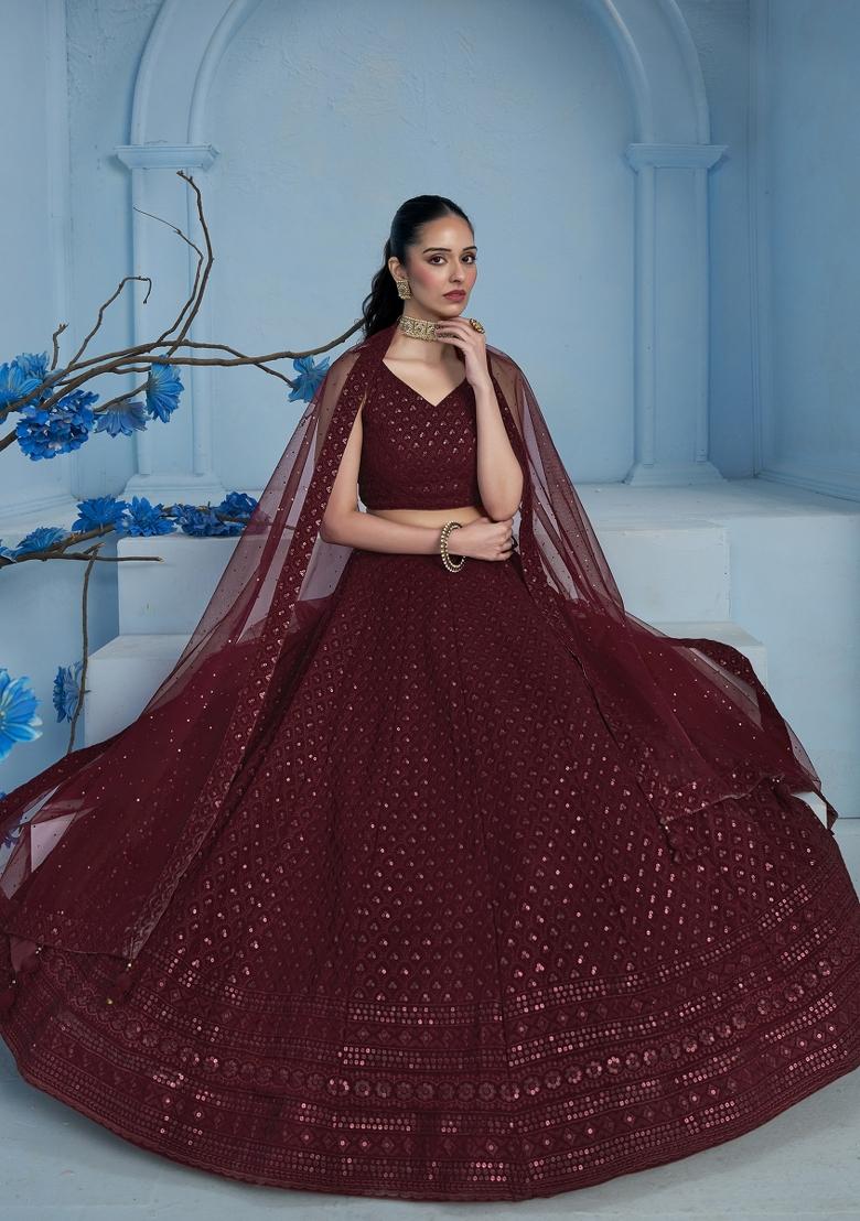 Maroon Sequins And Thread Embroidery Work Georgette Lehenga Choli - Indya