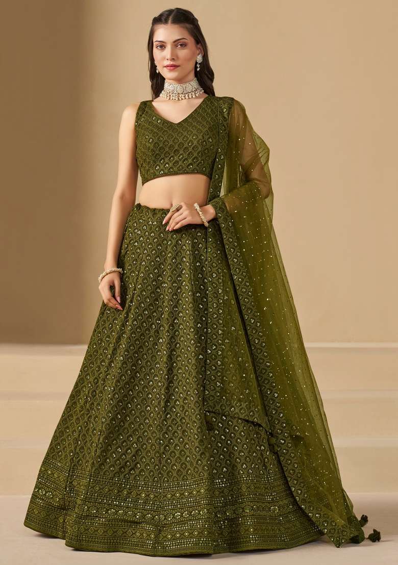 Mehendi And Choli Georgette Lehenga with Embroidery & Sequins for Diwali | Wedding & Festive Wear - Indya