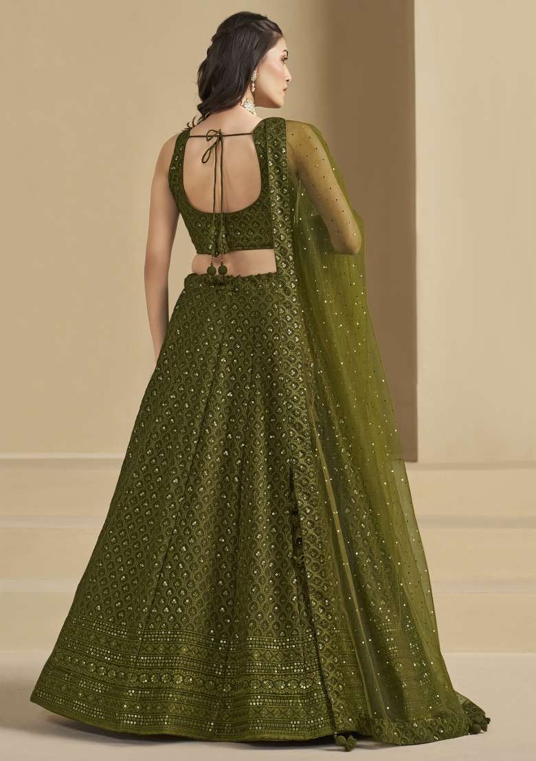 Mehendi And Choli Georgette Lehenga with Embroidery & Sequins for Diwali | Wedding & Festive Wear - Indya