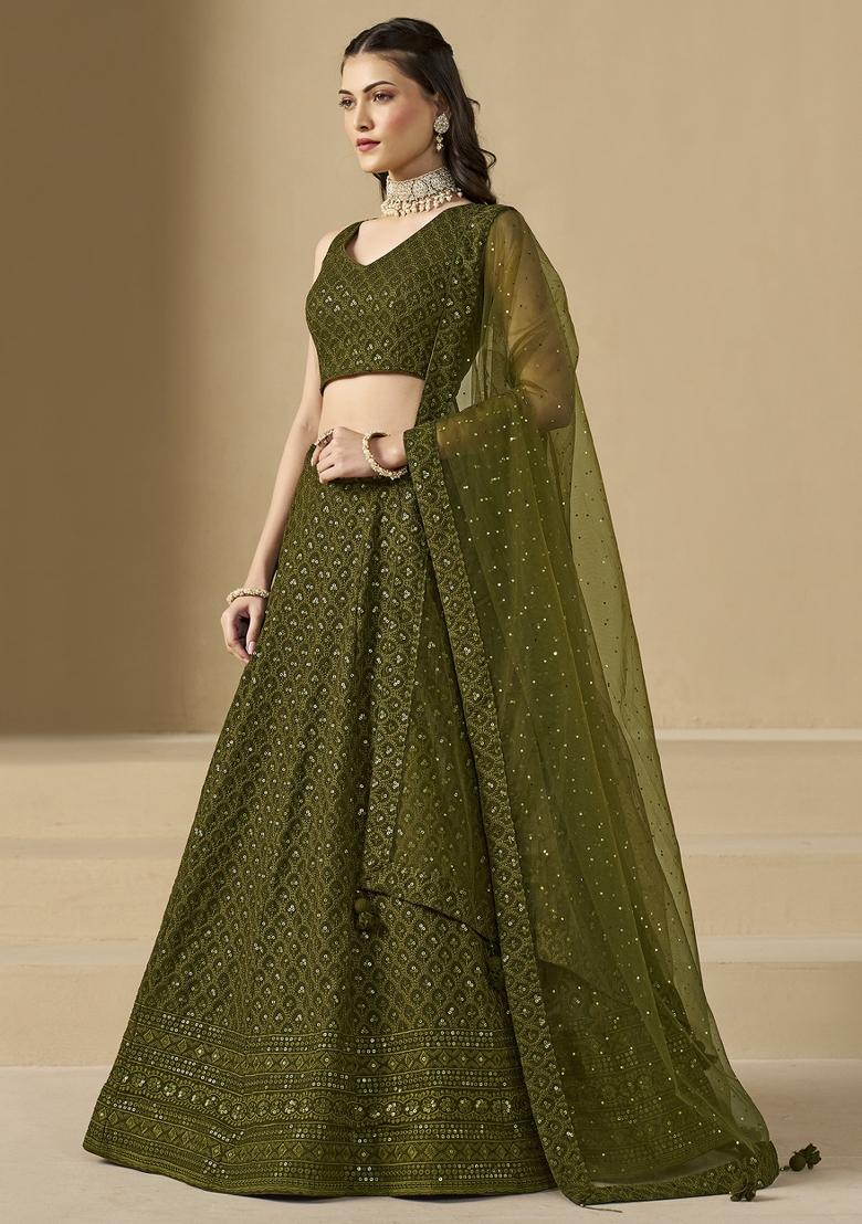 Mehendi Sequins And Thread Embroidery Work Georgette Lehenga Choli - Indya
