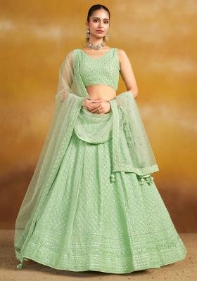 Mint Green Sequins And Thread Embroidery Work Georgette Lehenga Choli