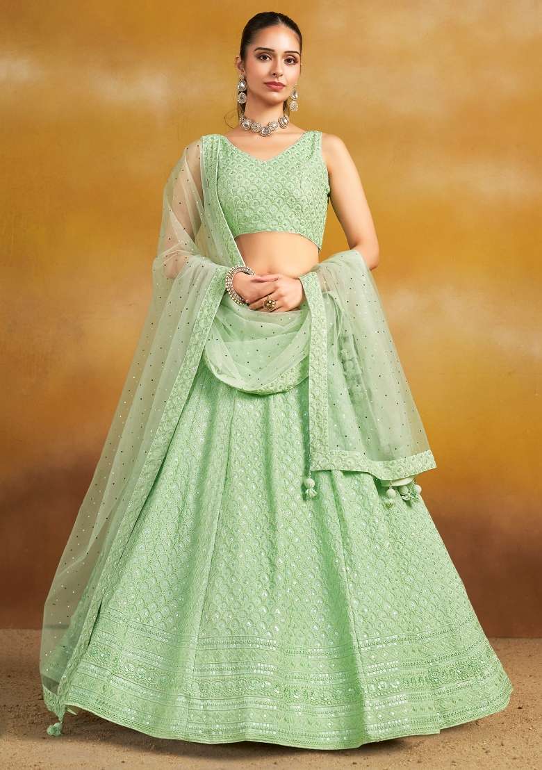 Mint Green And Choli Georgette Lehenga with Embroidery & Sequins for Diwali | Wedding & Festive Wear - Indya