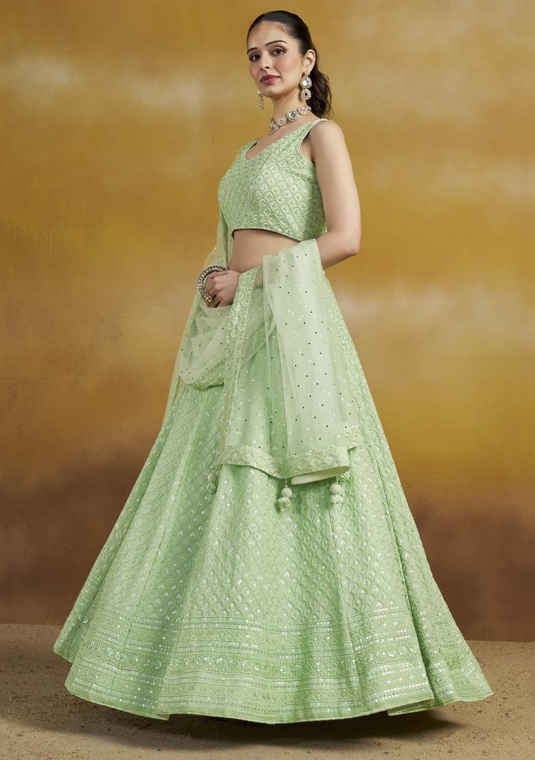 Mint Green Sequins And Thread Embroidery Work Georgette Lehenga Choli - Indya