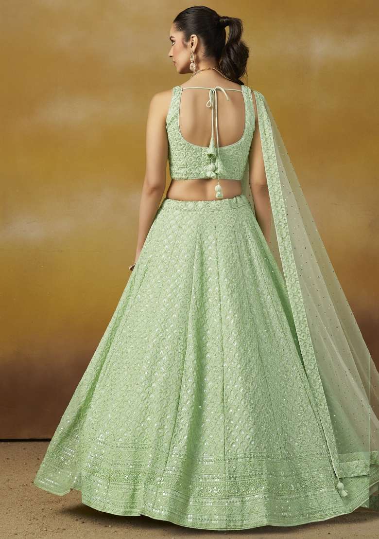Mint Green And Choli Georgette Lehenga with Embroidery & Sequins for Diwali | Wedding & Festive Wear - Indya