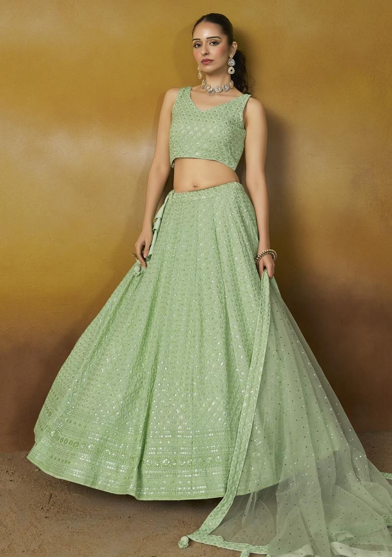 Mint Green Sequins And Thread Embroidery Work Georgette Lehenga Choli - Indya