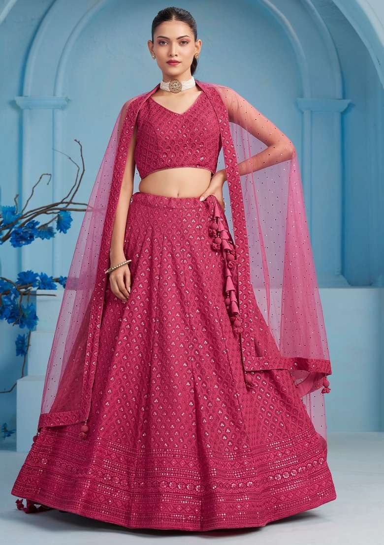 Pink Sequins And Thread Embroidery Work Georgette Lehenga Choli for Diwali and Festive Wear - Indya