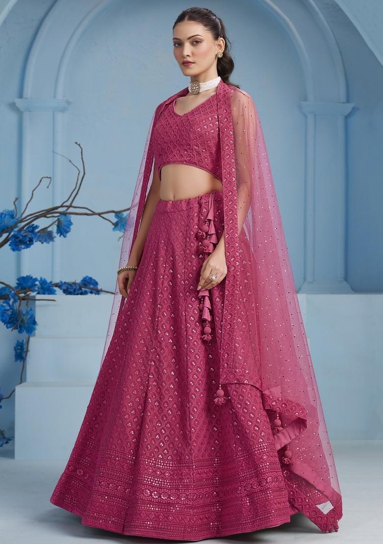 Pink Sequins And Thread Embroidery Work Georgette Lehenga Choli - Indya