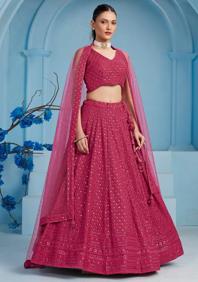 Pink Sequins And Thread Embroidery Work Georgette Lehenga Choli - Indya