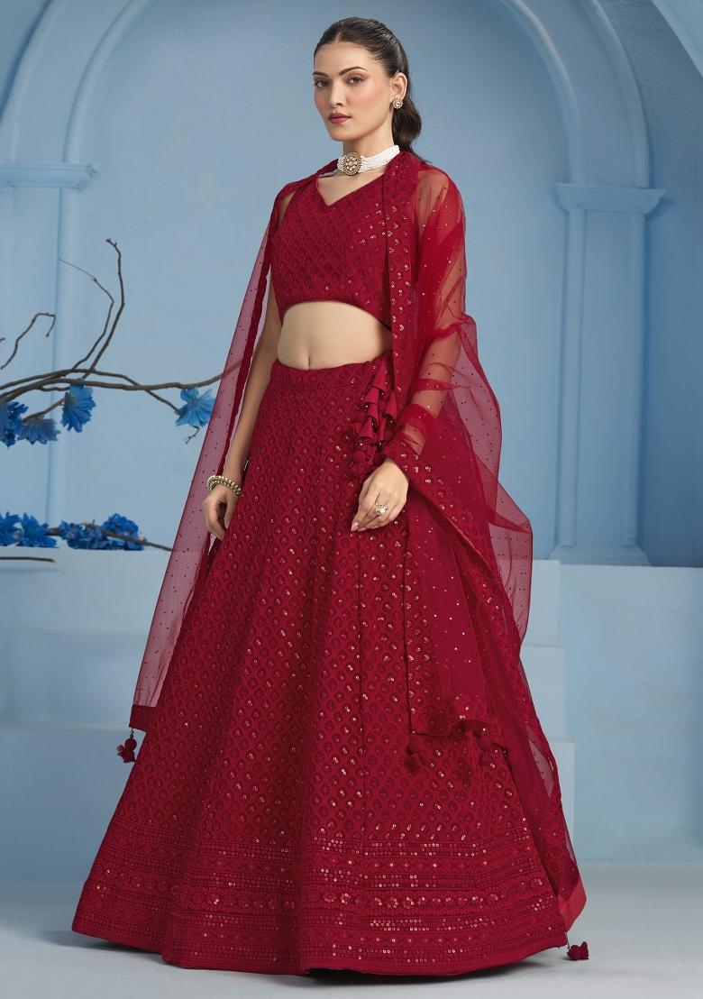 Red Sequins And Thread Embroidery Work Georgette Lehenga Choli - Indya