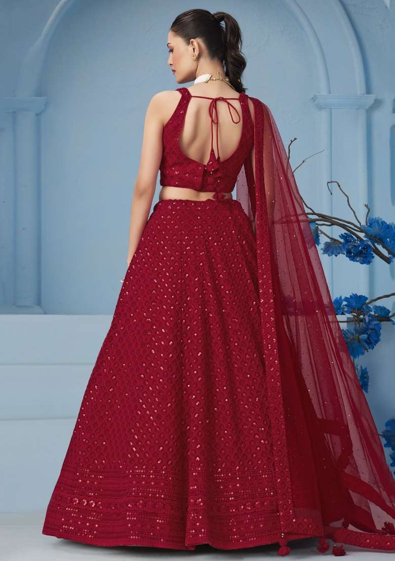 Red Sequins And Thread Embroidery Work Georgette Lehenga Choli for Diwali and Festive Wear - Indya