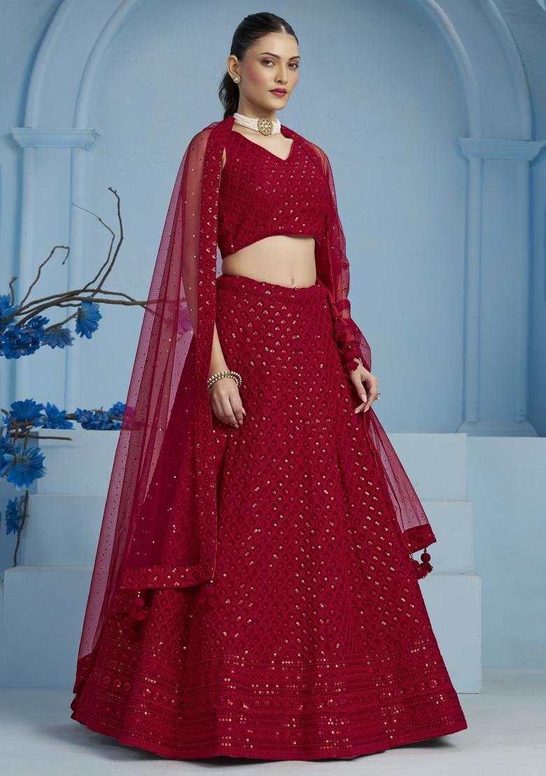 Red Sequins And Thread Embroidery Work Georgette Lehenga Choli - Indya