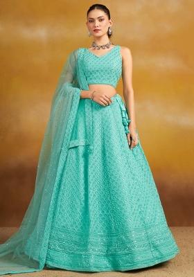 Sky Blue Sequins And Thread Embroidery Work Georgette Lehenga Choli